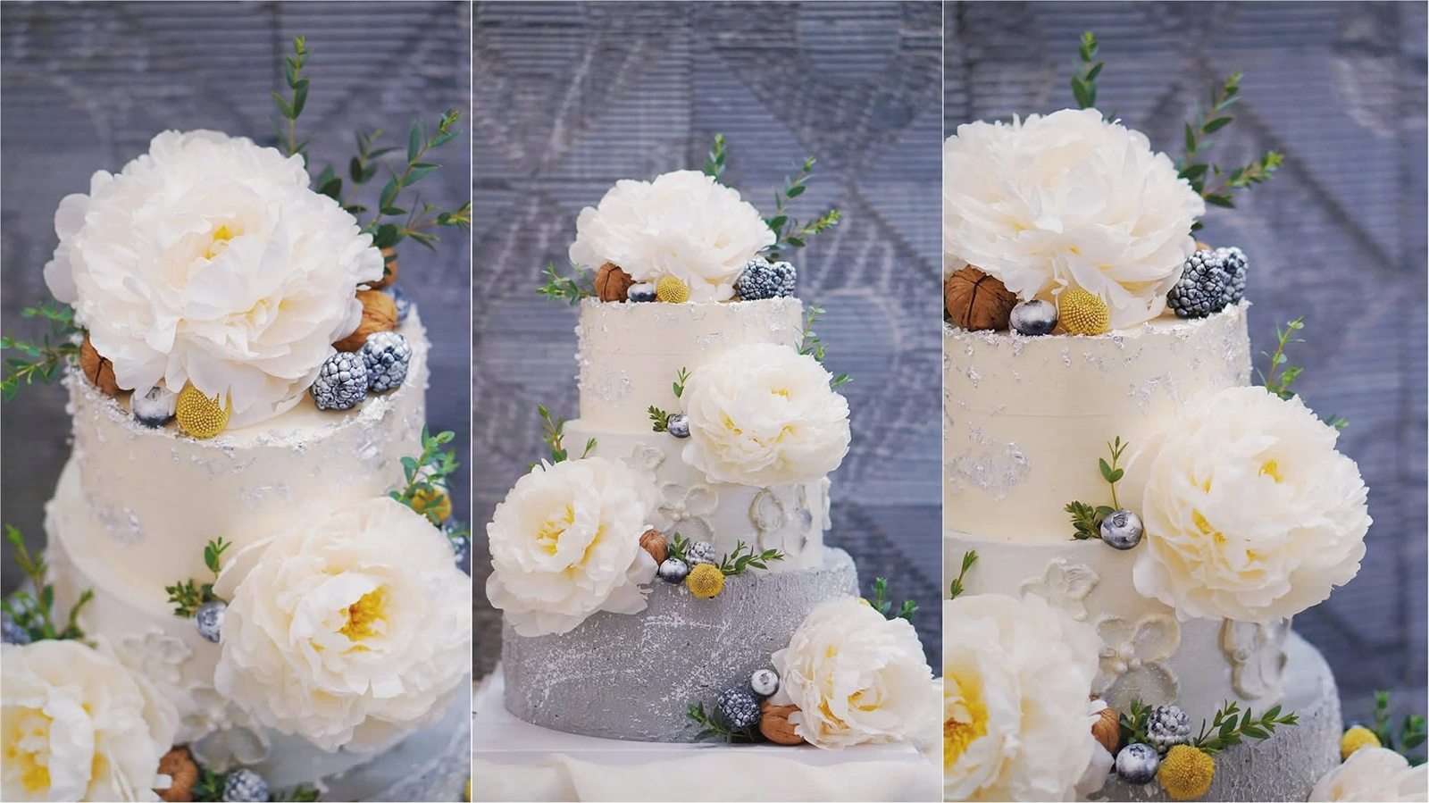 Three views of a white and silver wedding cake with peonies